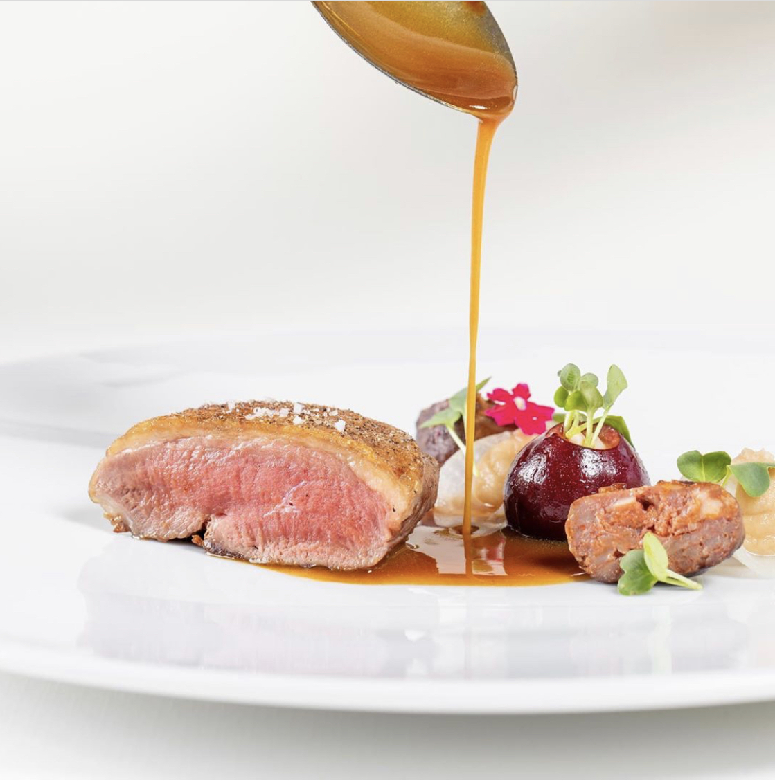 Gourmet duck breast inflight catering LGMK Mykonos